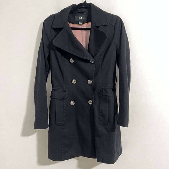 H&M Double Breasted Blazer Jacket Women Size 6 Black Button Lined Preppy Cotton - Picture 1 of 8